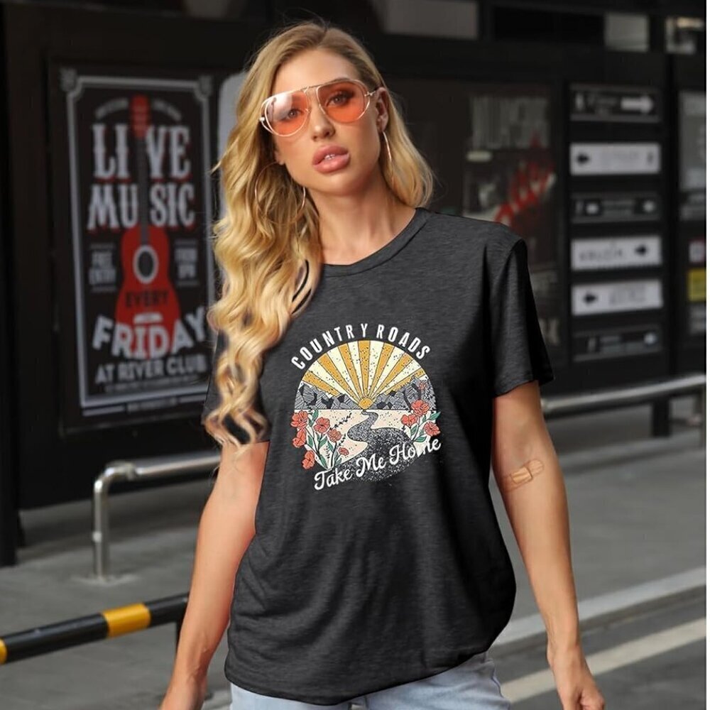Women Dark Grey  Polyester Blend Country Roads Take Me Home Short Sleeve T-Shirt